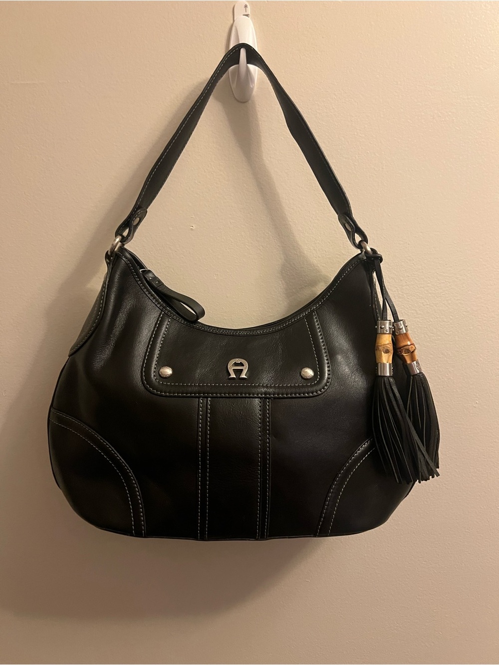 Etienne Aigner Black Leather Hobo with Tassel Accents